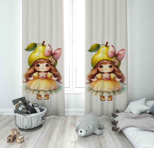 پرده پانچی دخترانه زرد طرح دختر گلابی