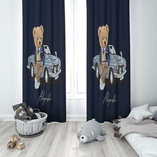 پرده پانچی پسرانه طرح تدی و ماشین سورمه ایی