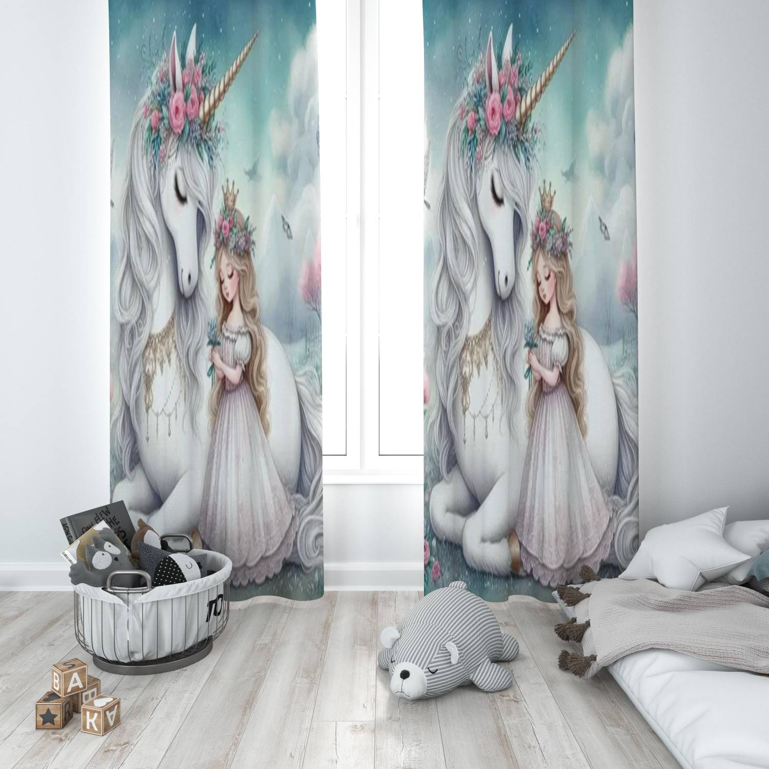 پرده پانچی دخترانه طرح دختر و اسب تک شاخ